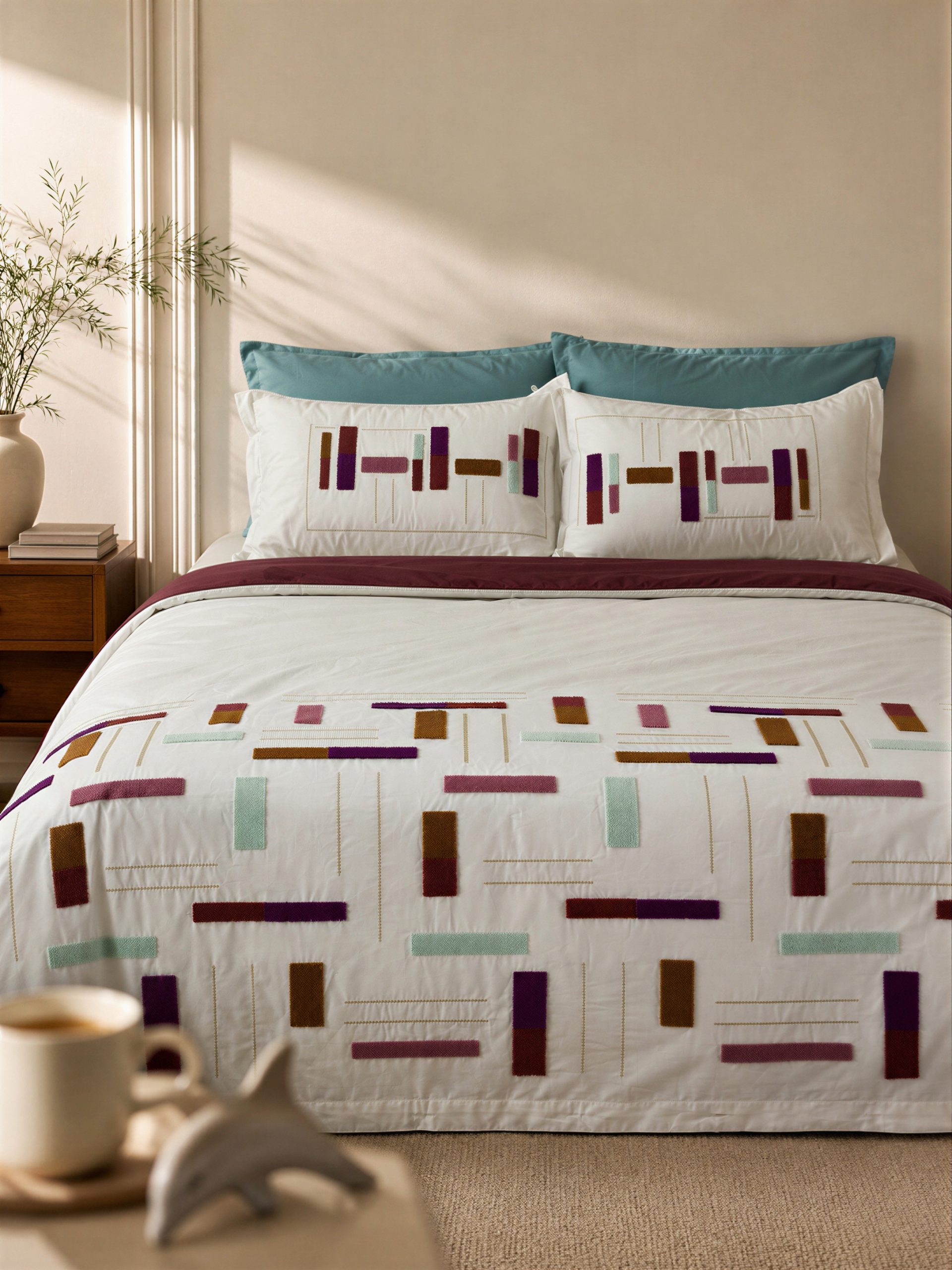 BENETTON Line % 100 Pamuk Akfil Çift Kişilik Nakışlı Nevresim Takımı /Bordo