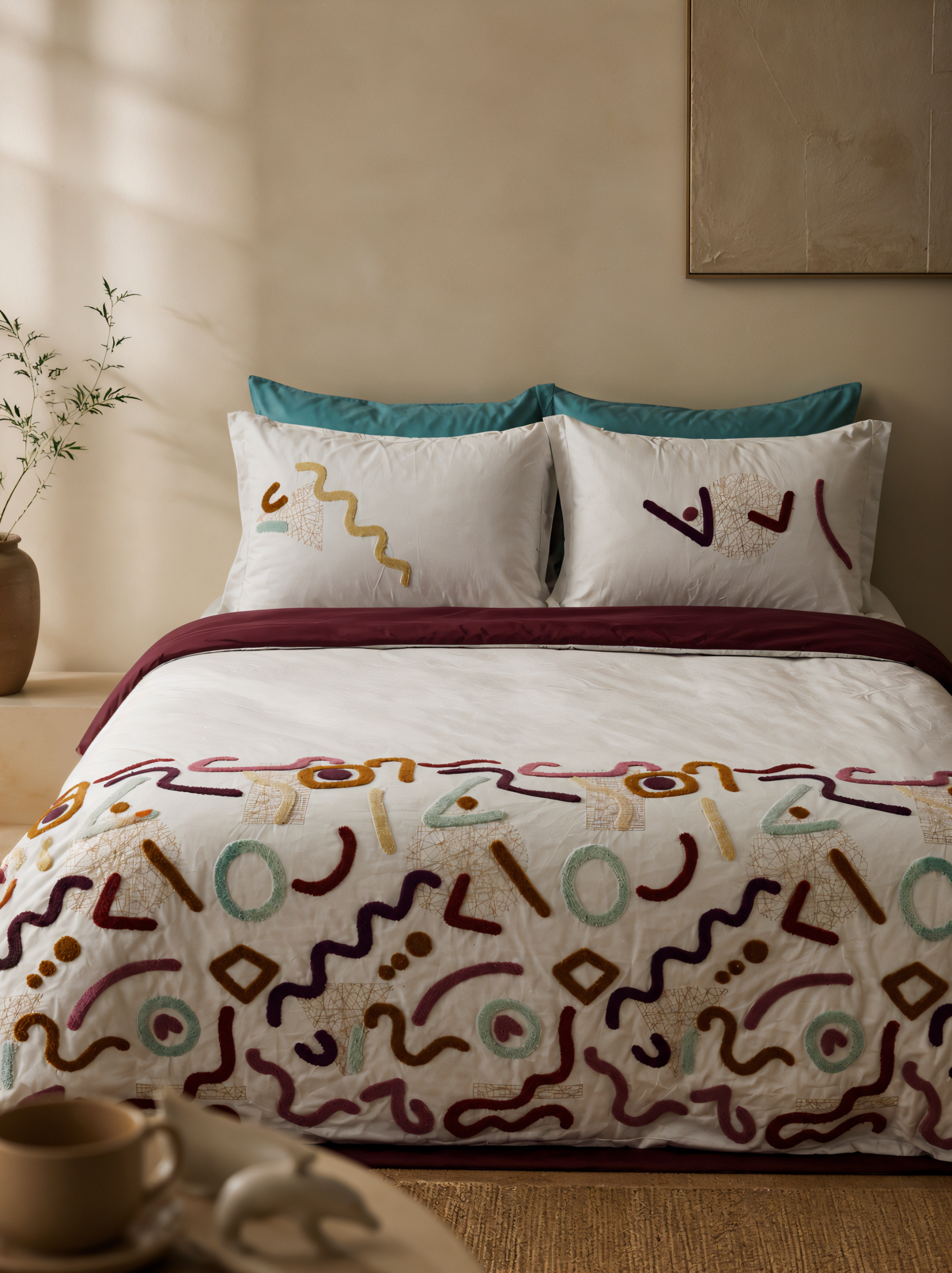 BENETTON Snake % 100 Pamuk Akfil Çift Kişilik Nakışlı Nevresim Takımı / Bordo