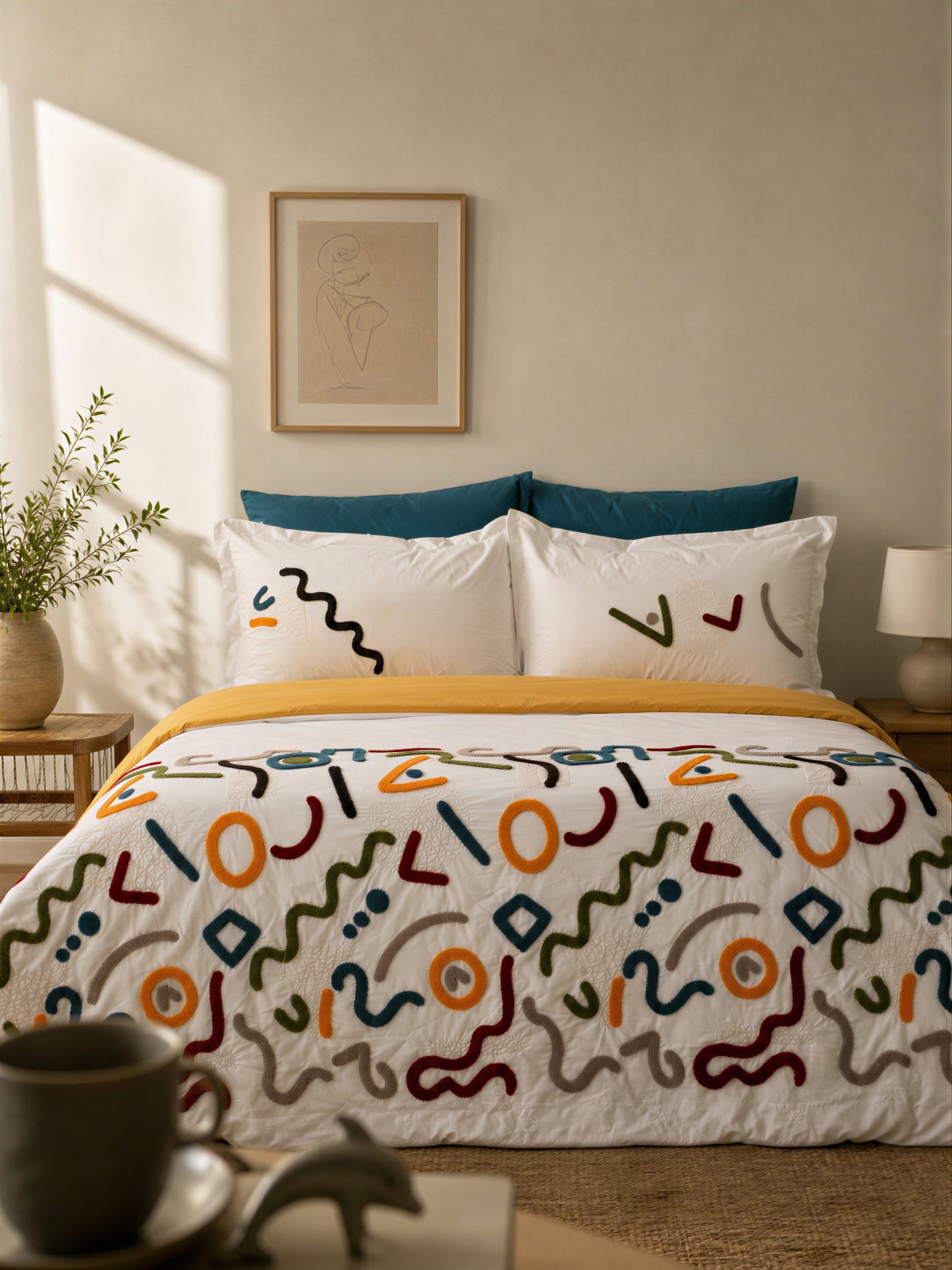 BENETTON Snake % 100 Pamuk Akfil Çift Kişilik Nakışlı Nevresim Takımı / Hardal