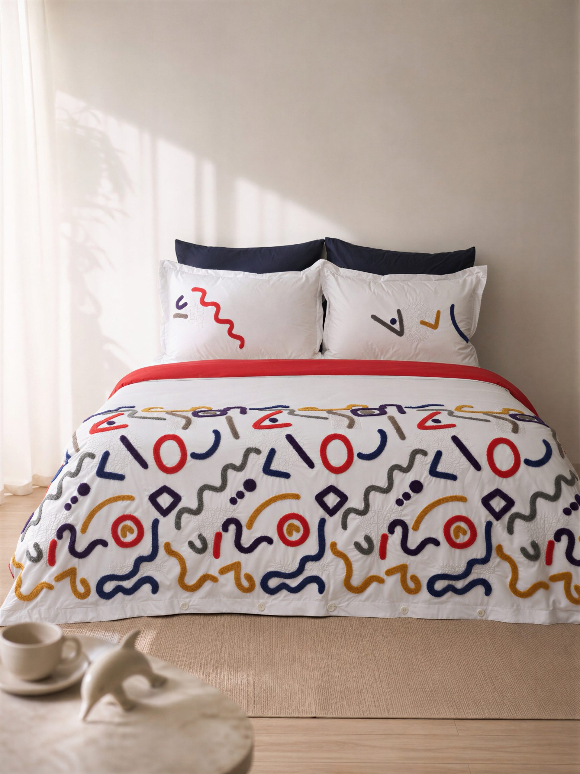 BENETTON Snake % 100 Pamuk Akfil Çift Kişilik Nakışlı Nevresim Takımı / Kırmızı
